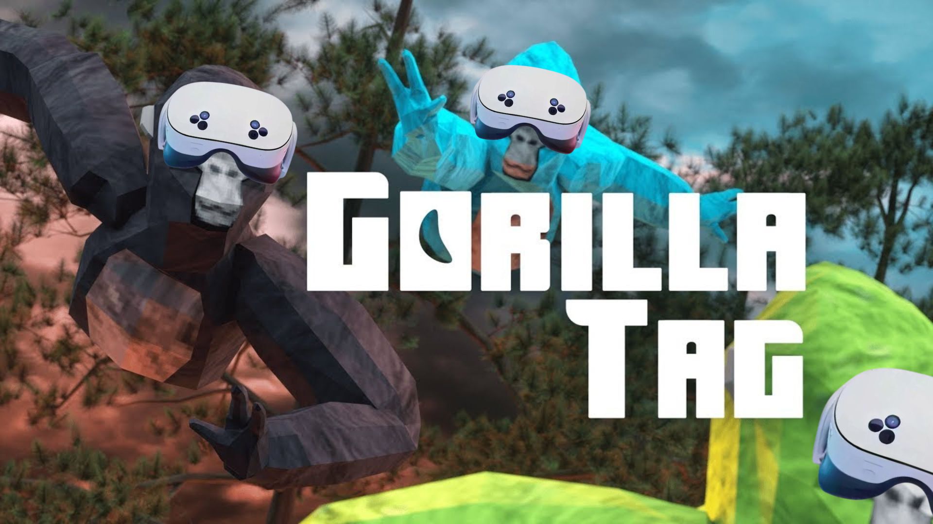 An Edited Gorilla Tag marketing image with the Gorilla's wearing Meta Quest 3S headsets