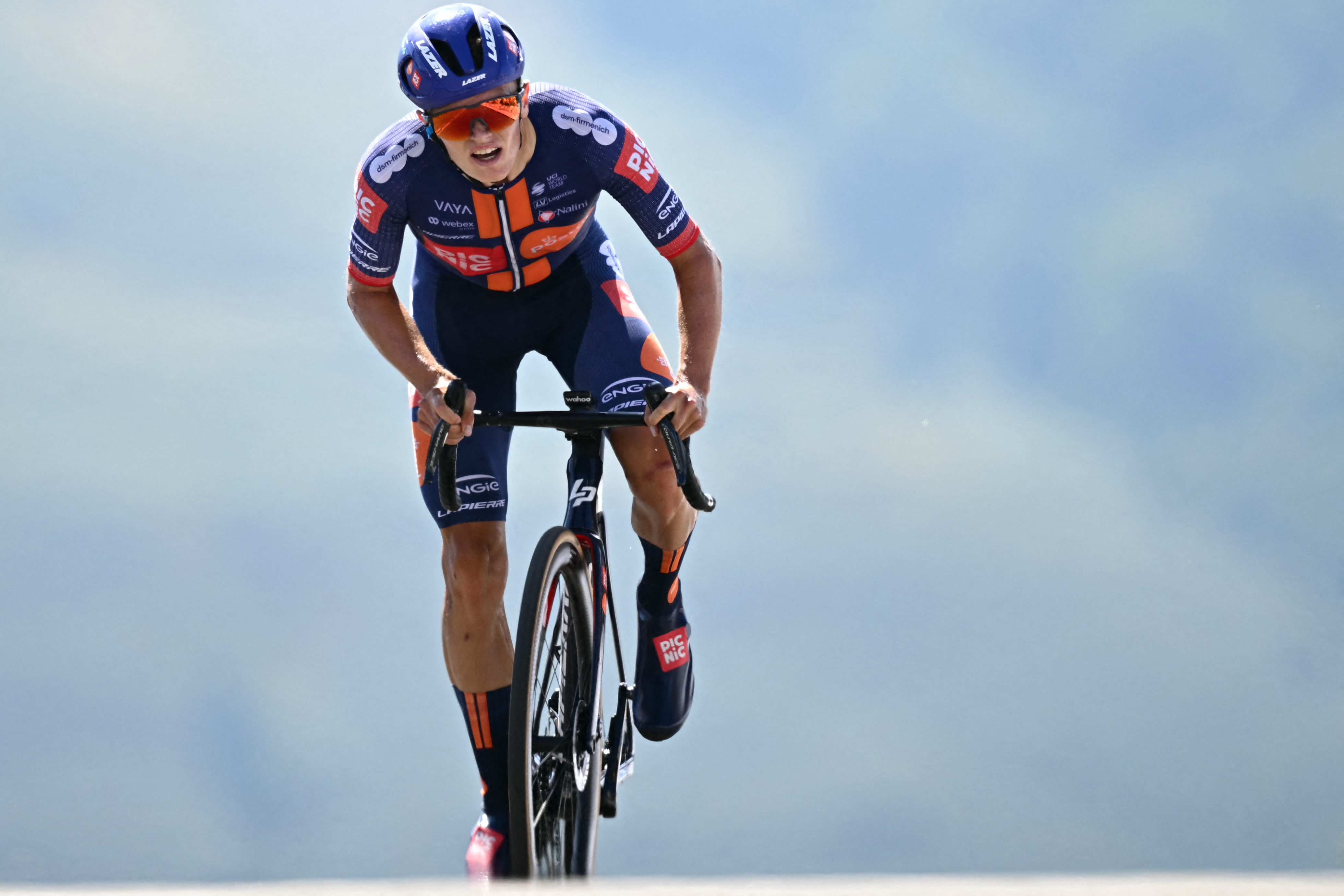 Team Picnic PostNL team's British rider Oscar Onley cycles to the finish line of the 13th stage of the 112th edition of the Tour de France cycling race, 10.9 km individual time trial between Loudenvielle and Peyragudes, in the Pyrenees mountains of southwestern France, on July 18, 2025. (Photo by Loic VENANCE / AFP) (Photo by LOIC VENANCE/AFP via Getty Images)