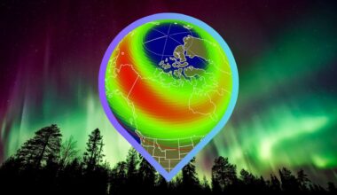 graphic showing the aurora viewline map for tonight from noaa's space weather prediction center. it shows which states are more likely for auroras.