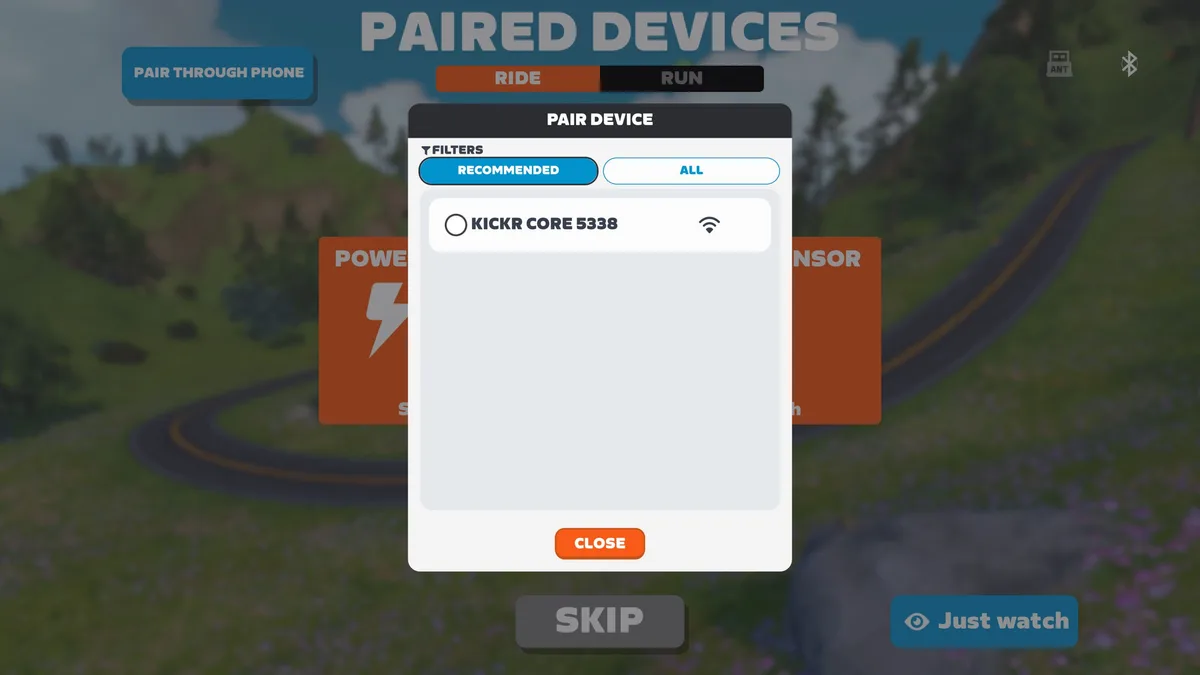Zwift paired devices screen showing Wahoo Kickr Core 2 WiFi connection