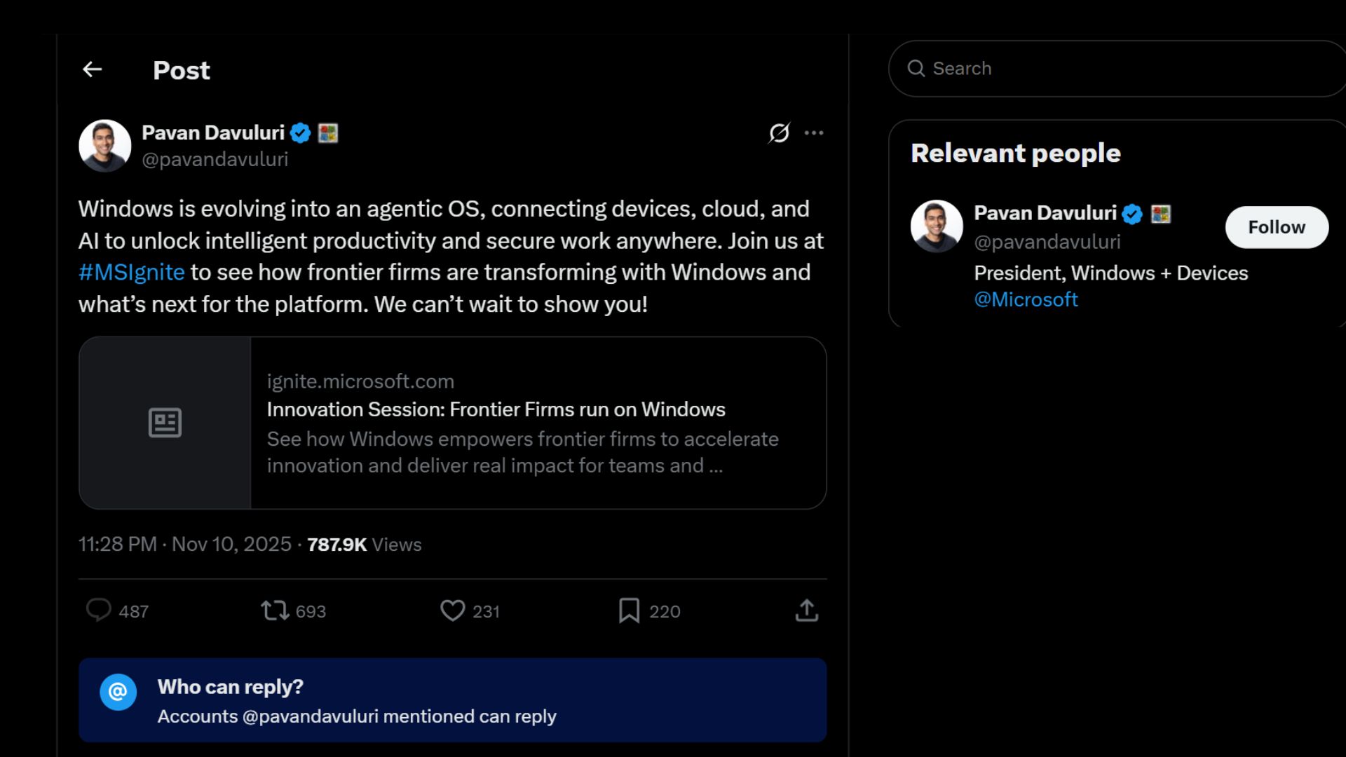 Windows Chief Pavan Davuluri's X post about Windows evolving into an Agentic OS