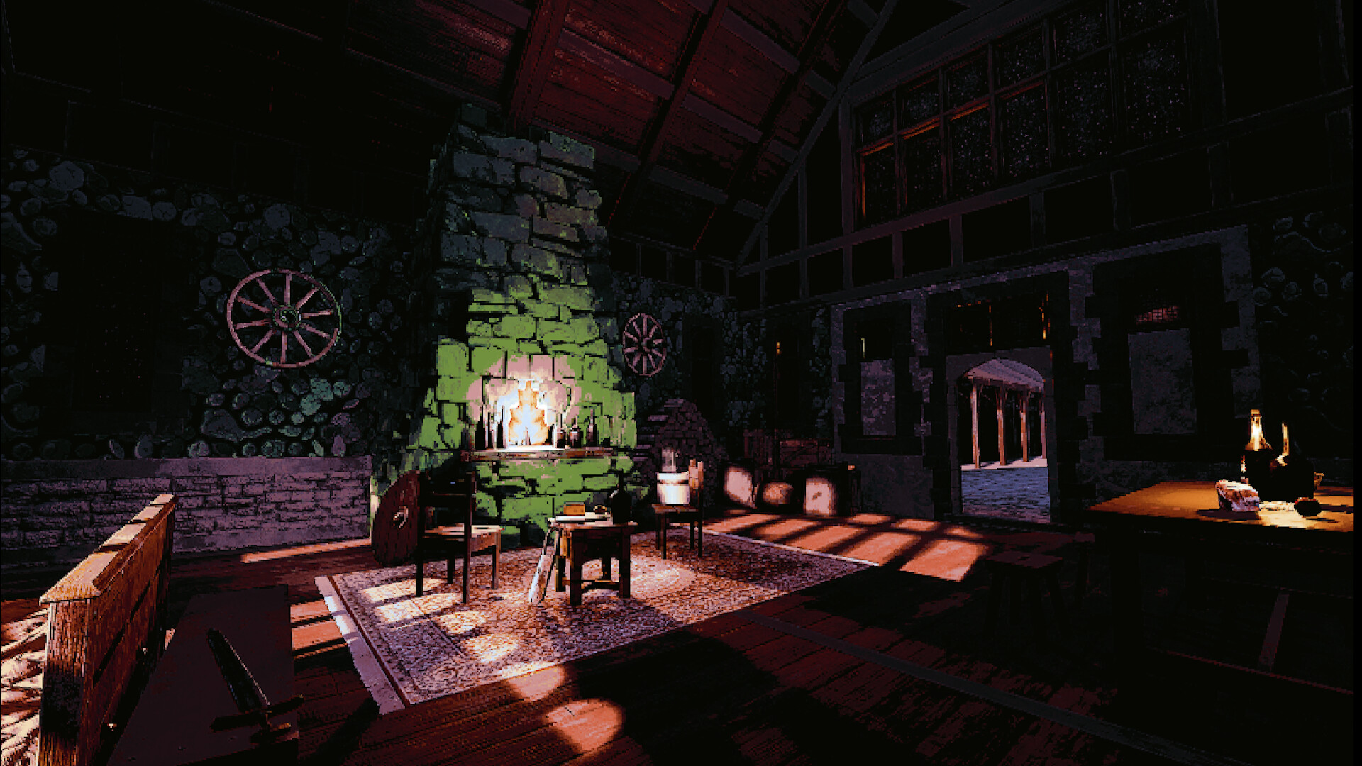 A fireplace in a fantasy cottage.