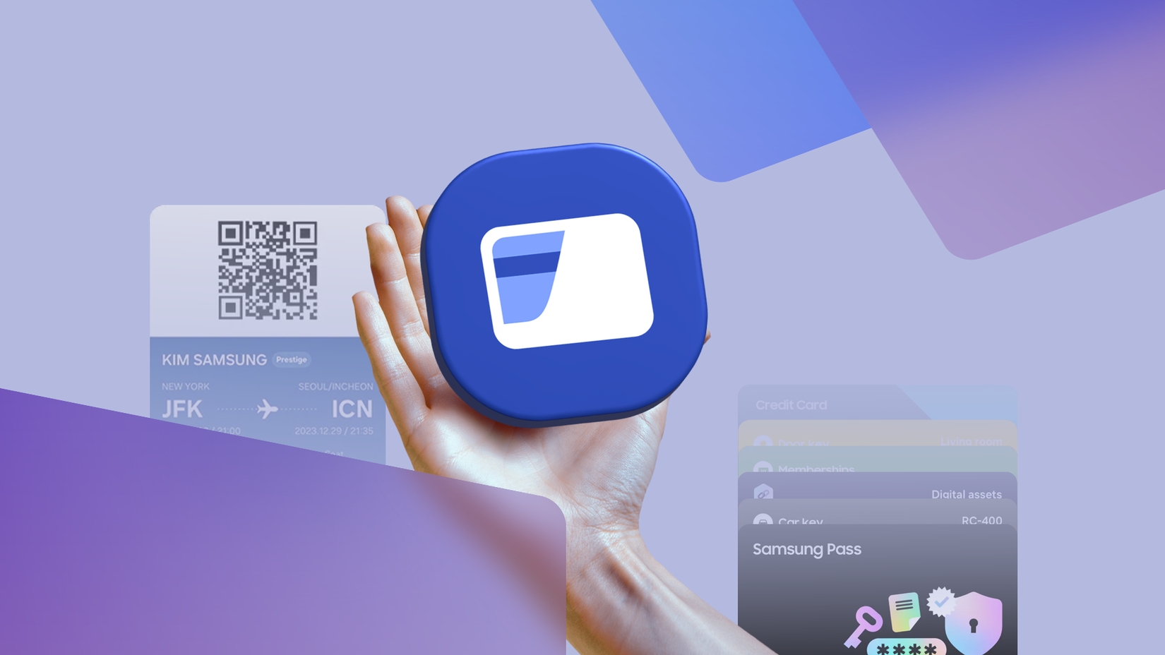 A hand holding the Samsung Wallet logo surrounded by digital cards and a boarding pass.