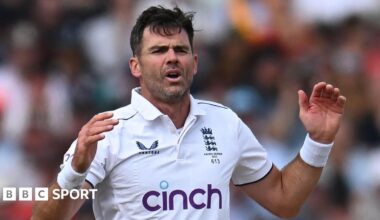 England bowler James Anderson playing in a 2023 Ashes Test