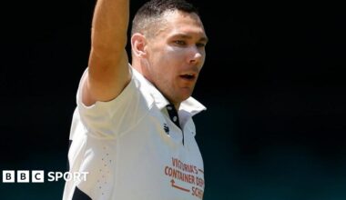 Scott Boland celebrates taking a wicket while playing for Victoria against New South Wales in the Sheffield Shield