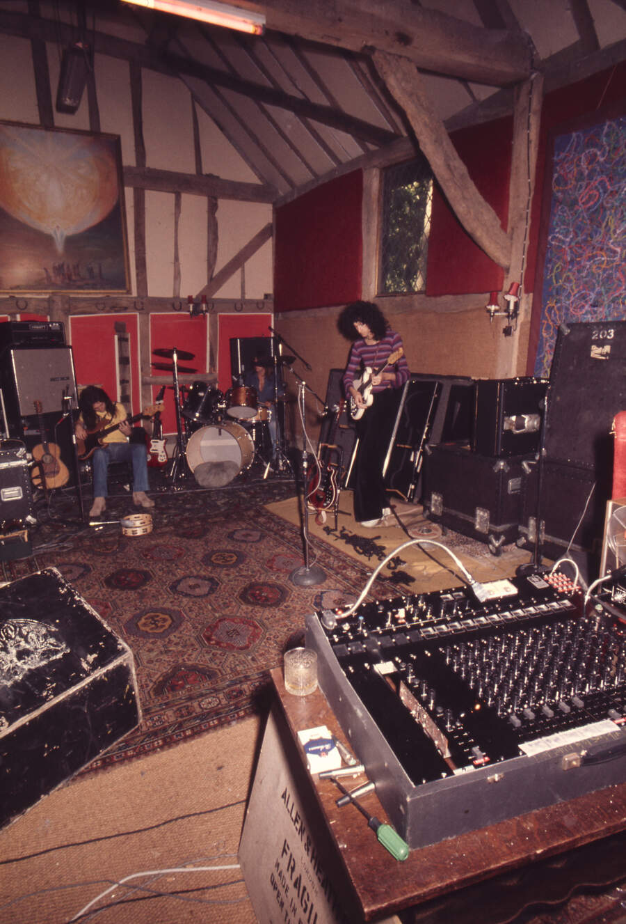Queen in the live room at Ridge Farm Studio during the recording of their album 'A Night At The Opera', Surrey, United Kingdom, 14th July 1975