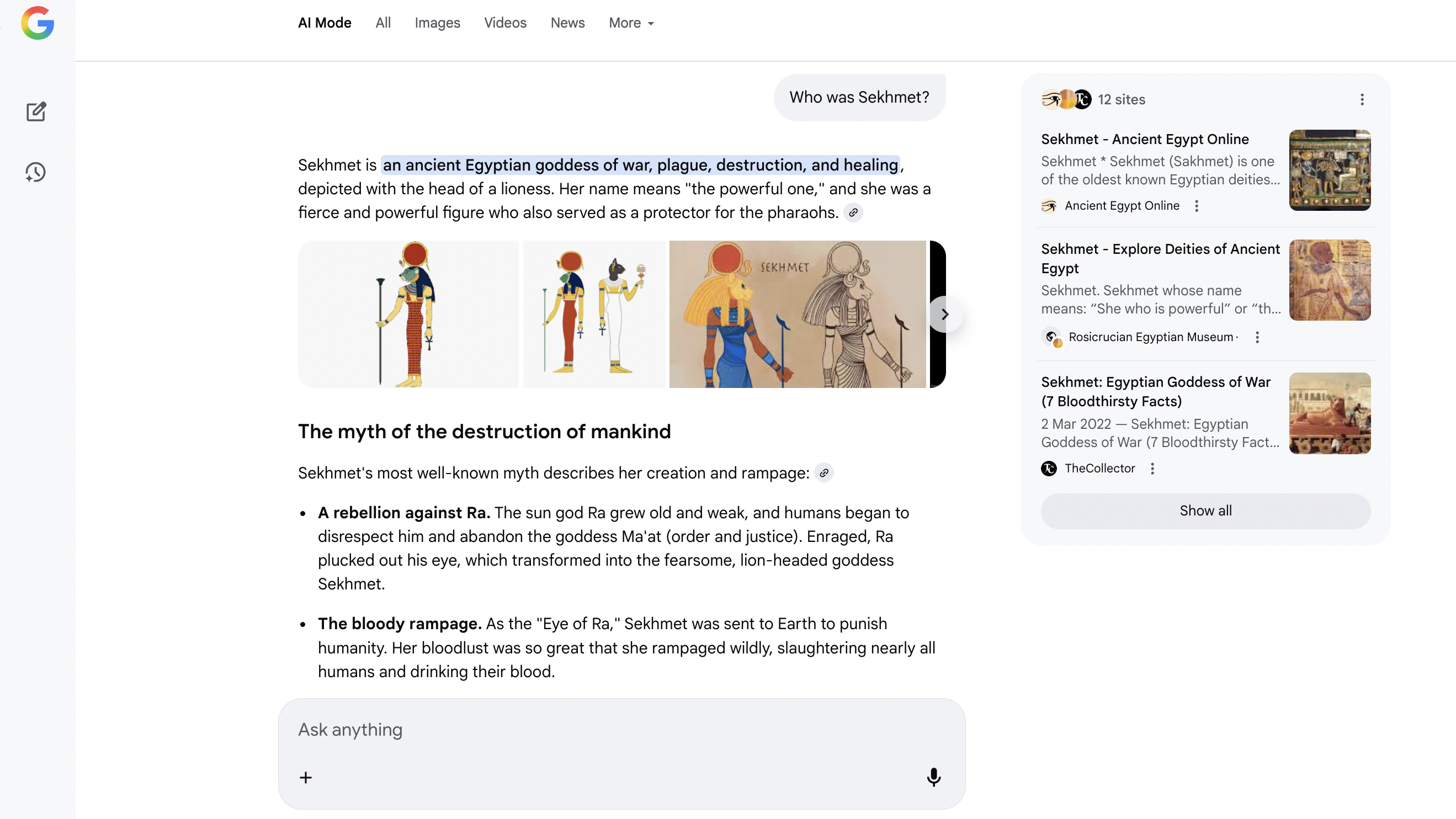 A screenshot of google ai mode with the query who was sekhmet