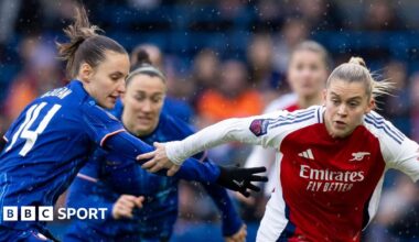 Nathalie Björn of Chelsea and Alessia Russo of Arsenal compete for the ball