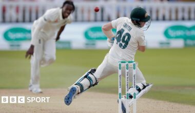 Steve Smith is struck on the helmet by a Jofra Archer bouncer during the 2019 Ashes in England