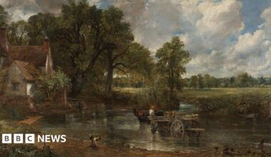 The oil painting depicts an idyllic scene in Flatford, near Dedham, and shows a horse and cart in the River Stour and Willy Lott's cottage on the bank.