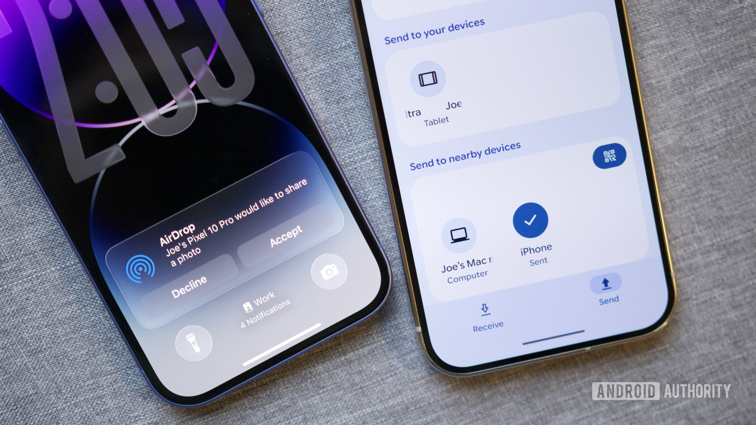 A Pixel 10 Pro sending a file to an iPhone over Quick Share.