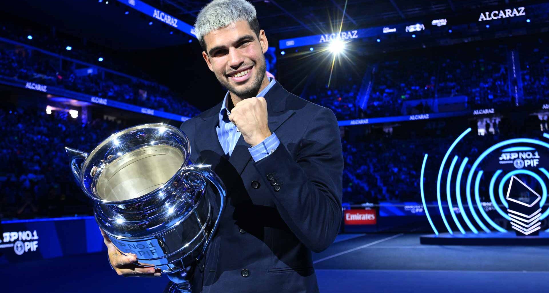 Carlos Alcaraz celebrates his ATP Year-End No. 1 presented by PIF finish in Turin during the Nitto ATP Finals.
