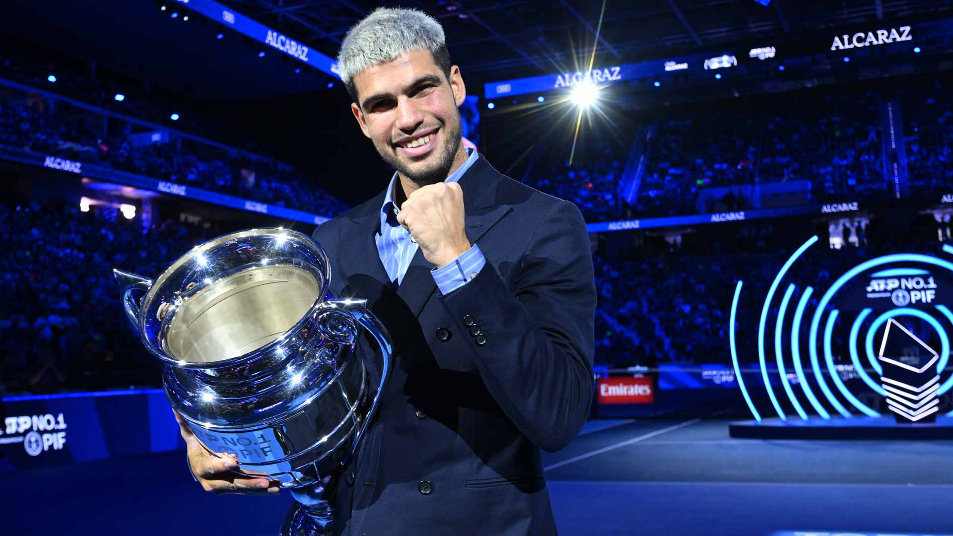 Carlos Alcaraz celebrates his ATP Year-End No. 1 presented by PIF finish in Turin during the Nitto ATP Finals.