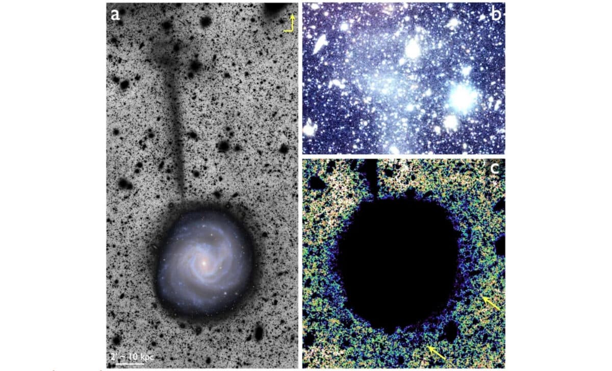 An Image From The New Paper Showing A) Galaxy M61 And Its Stellar Stream, B) A Zoomed In View Of The Structure At The North End Of The Stream, And C) A View Of The Stream Where It Connects With Th