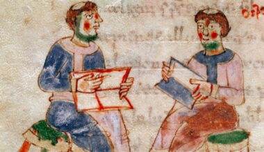 A painting of two balding monks sitting on green stools showing each other books