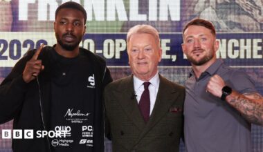 Whakiel Thompson (left) and Brad Pauls (right) stand in-between Frank Warren (centre)