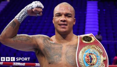 Fabio Wardley celebrates victory with his belt after his fight with Joseph Parker