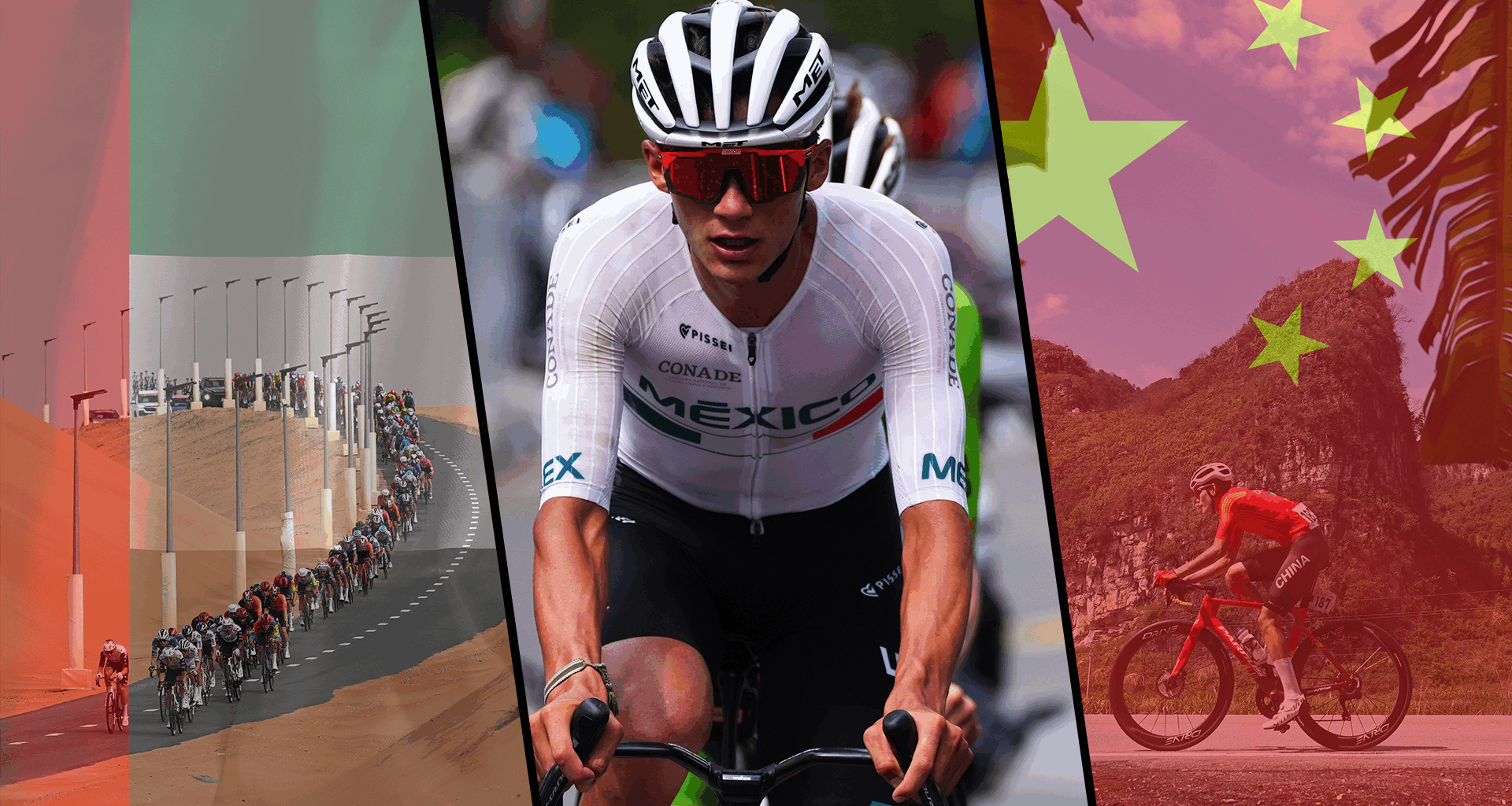 A collage of cycling in the UAE and China, with Mexican rider Isaac del Toro