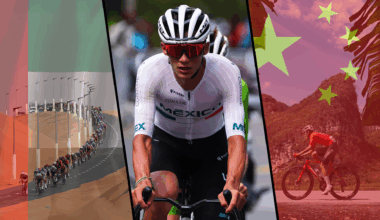 A collage of cycling in the UAE and China, with Mexican rider Isaac del Toro