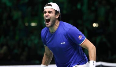 Matteo Berrettini defeats Jurij Rodionov in straight sets at the Davis Cup Finals in Bologna on Wednesday.