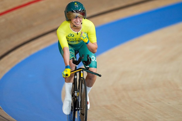 Paige Greco of Australia celebrates after the Women's C1-3 3000m Individual Pursuit final of cycling track at the Tokyo 2020 Paralympic Games in Izu, Japan, Aug. 25, 2021. (Photo by Zhang Cheng/Xinhua via Getty Images)