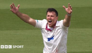 Migael Pretorius with his arms in the air and mouth open as he appeals during a match for Somerset