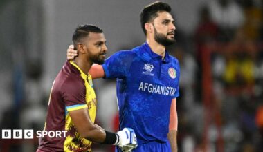 West Indies' Nicholas Pooran and Afghanistan's Naveen-ul-Haq during a match in 2024