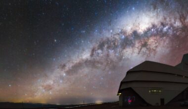 A glowing galaxy can be seen in the orange and blue night sky over the domed building of the Rubin Observatory