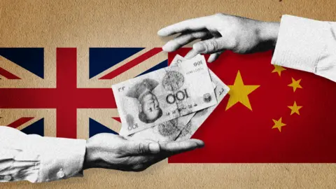 Getty Images Illustration showing two hands exchanging Chinese yuan banknotes against a backdrop of the United Kingdom flag on the left and the China flag on the right, symbolizing financial or economic transactions between the UK and China.