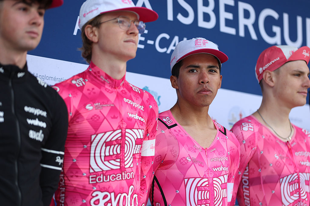 ISBERGUES, FRANCE - SEPTEMBER 21: Miguel Angel Marin Colombia and Team EF Education - Aevolo prior to the 79th Grand Prix d&amp;apos;Isbergues - Pas de Calais 2025 a 201.1km one day race from Isbergues to Isbergues on September 21, 2025 in Isbergues, France. (Photo by Rhode Van Elsen/Getty Images)