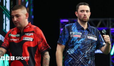 Luke Humphries celebrates win over Nathan Aspinall at Grand Slam of Darts