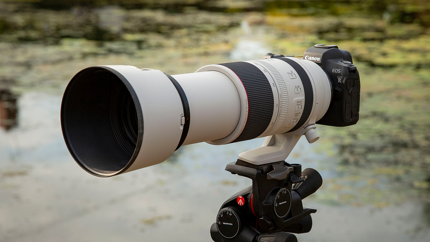 Canon EOS R camera mounted on a tripod with a long white telephoto lens, set against a blurred natural background