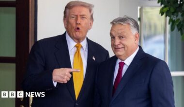 US President Donald Trump in a navy suit with a yellow tie stands and points to Hungary's Prime Minister Viktor Orban in a navy suit with red tie as they stand outside the White House