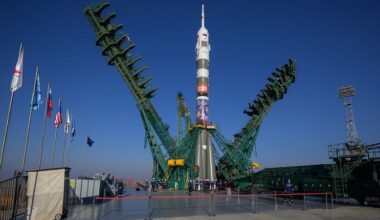 The Soyuz rocket service structure is raised on Nov. 24, 2025 at Baikonur Cosmodrome in Kazakhstan ahead of the planned Nov. 27 launch of three crewmembers to the International Space Station: NASA astronaut Chris Williams and Roscosmos cosmonauts Sergey Kud-Sverchkov and Sergey Mikaev.