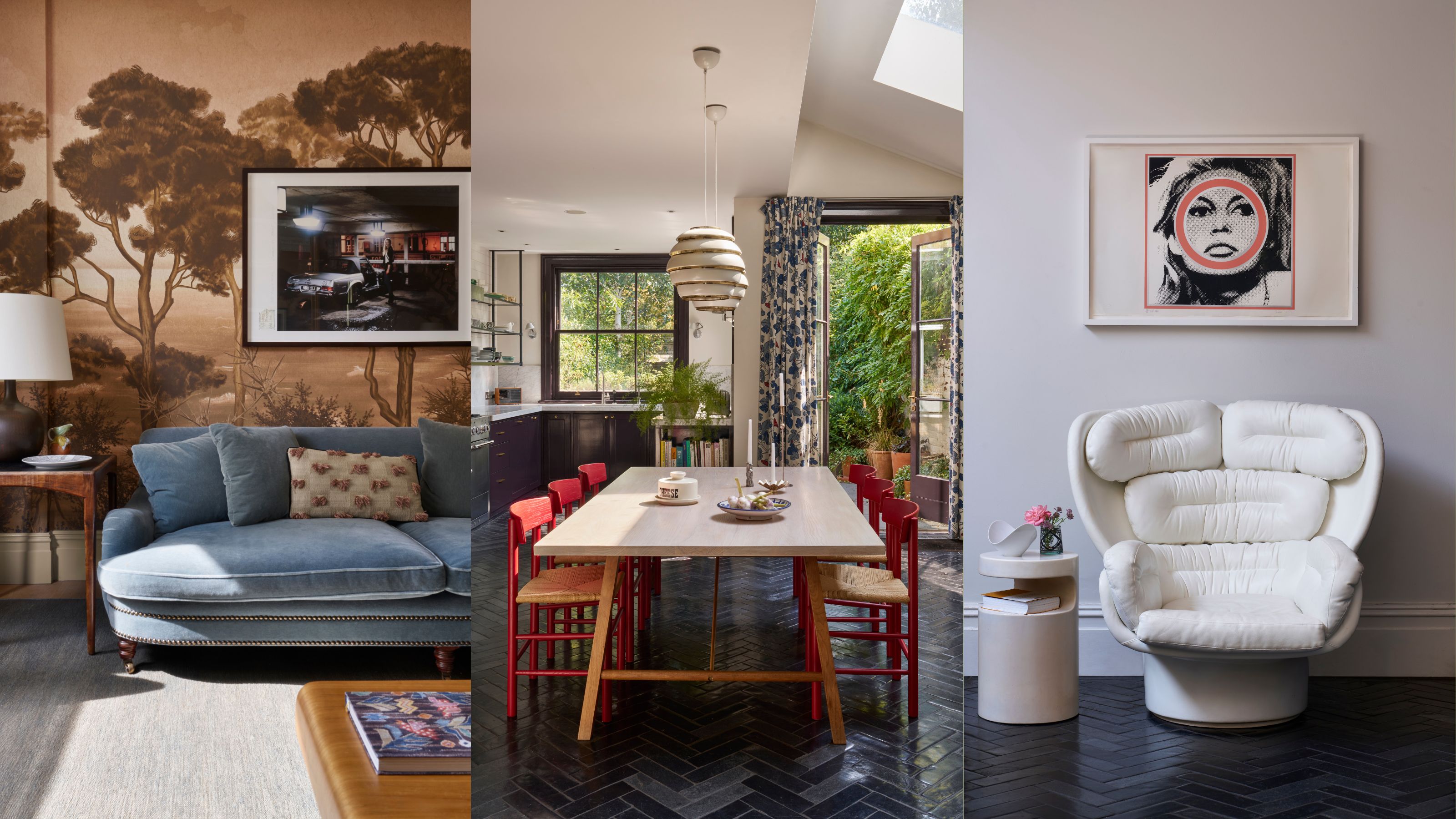 A shot of three areas of a home in Suzy Hoodless's London townhouse including a shot of the living room, kitchen dining are and a seating area in the home.