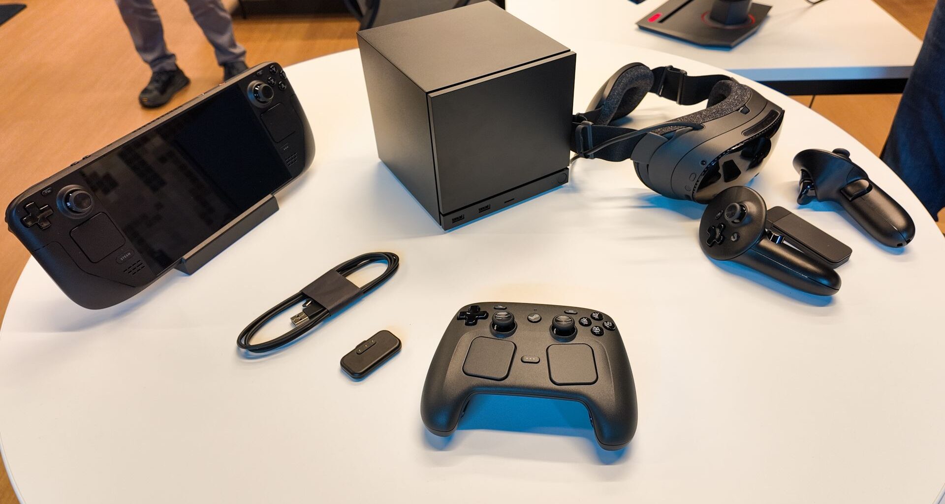 The Steam Deck alongside Valve's three new products: the Steam Machine, Steam Frame, and Steam Controller.