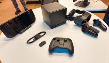 The Steam Deck alongside Valve's three new products: the Steam Machine, Steam Frame, and Steam Controller.