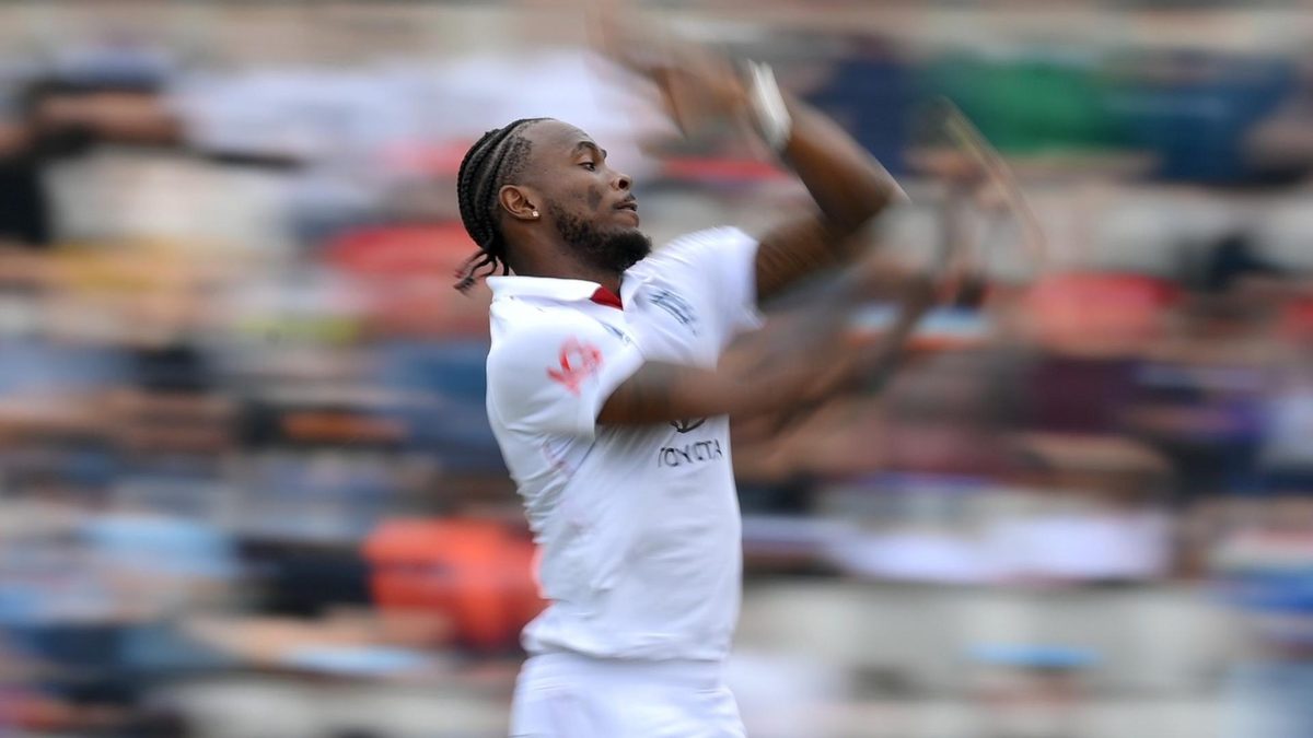 Side view of Jofra Archer bowling in a Test match