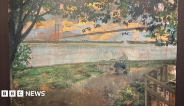 A photo of a painting hanging in a gallery, the paining portrays a man sat resting on a walking aid looking out towards the River Humber, with the Humber Bridge behind him. A tree frames the scene.