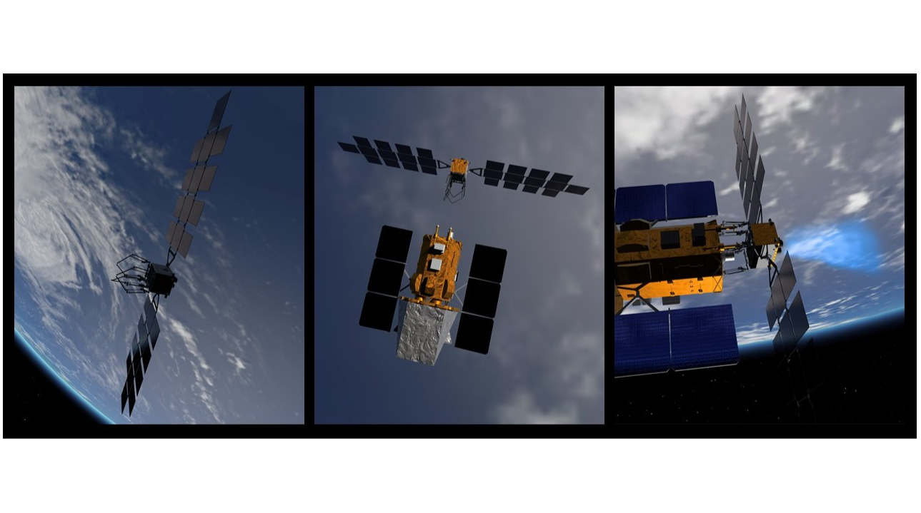 three-panel illustration showing a spacecraft approaching, and then attaching to, another spacecraft in earth orbit