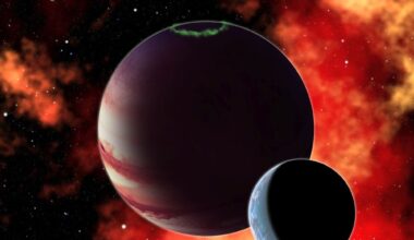 This artist's illustration shows a large exomoon orbiting a gas giant planet. There are no confirmed exomoons, only a handful of candidates. New research asks if rocky HZ planets around M dwarfs could host large moons. Image Credit: David A Aguilar (CfA).
