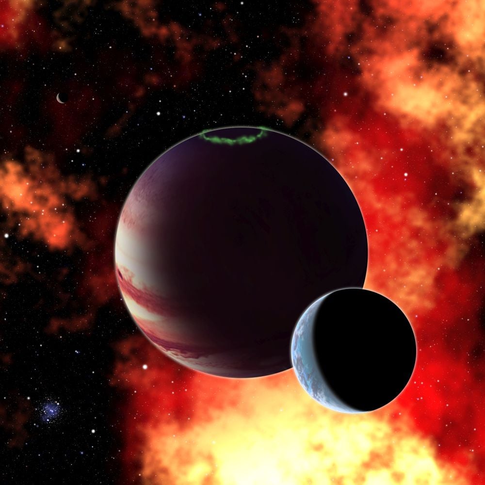 This artist's illustration shows a large exomoon orbiting a gas giant planet. There are no confirmed exomoons, only a handful of candidates. New research asks if rocky HZ planets around M dwarfs could host large moons. Image Credit: David A Aguilar (CfA).