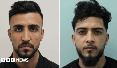 Two police photographs of the defendants - Mohammed Hotak on the left and Rahmat Mohammadi on the right. Both have dark hair and beards, as well as serious facial expressions.