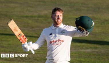 Kyle Verreynne celebrates scoring a century for Nottinghamshire