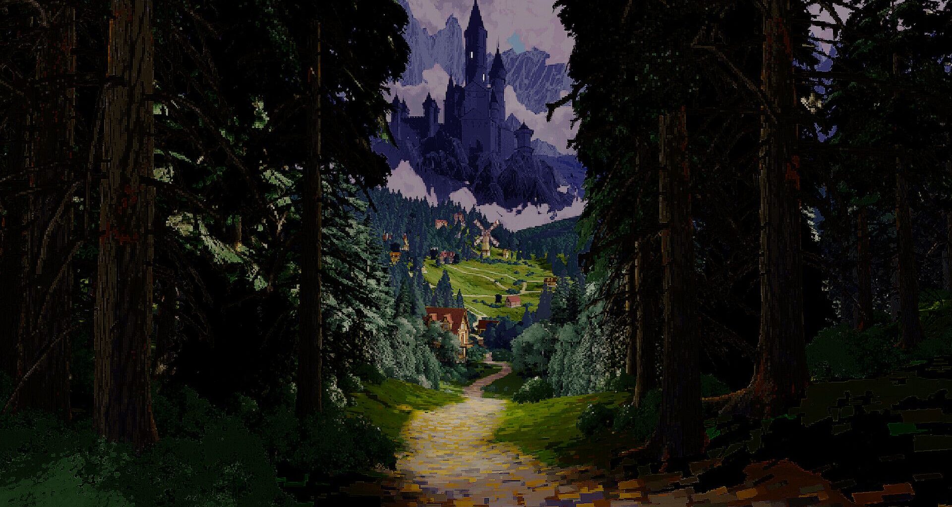 Approaching a foreboding castle down a forested pathway.