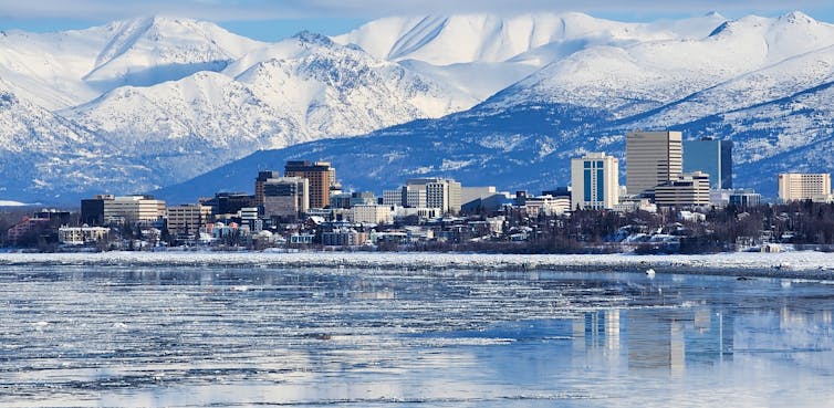 Snowy view across the bay to Anchorage, capital of Alaska