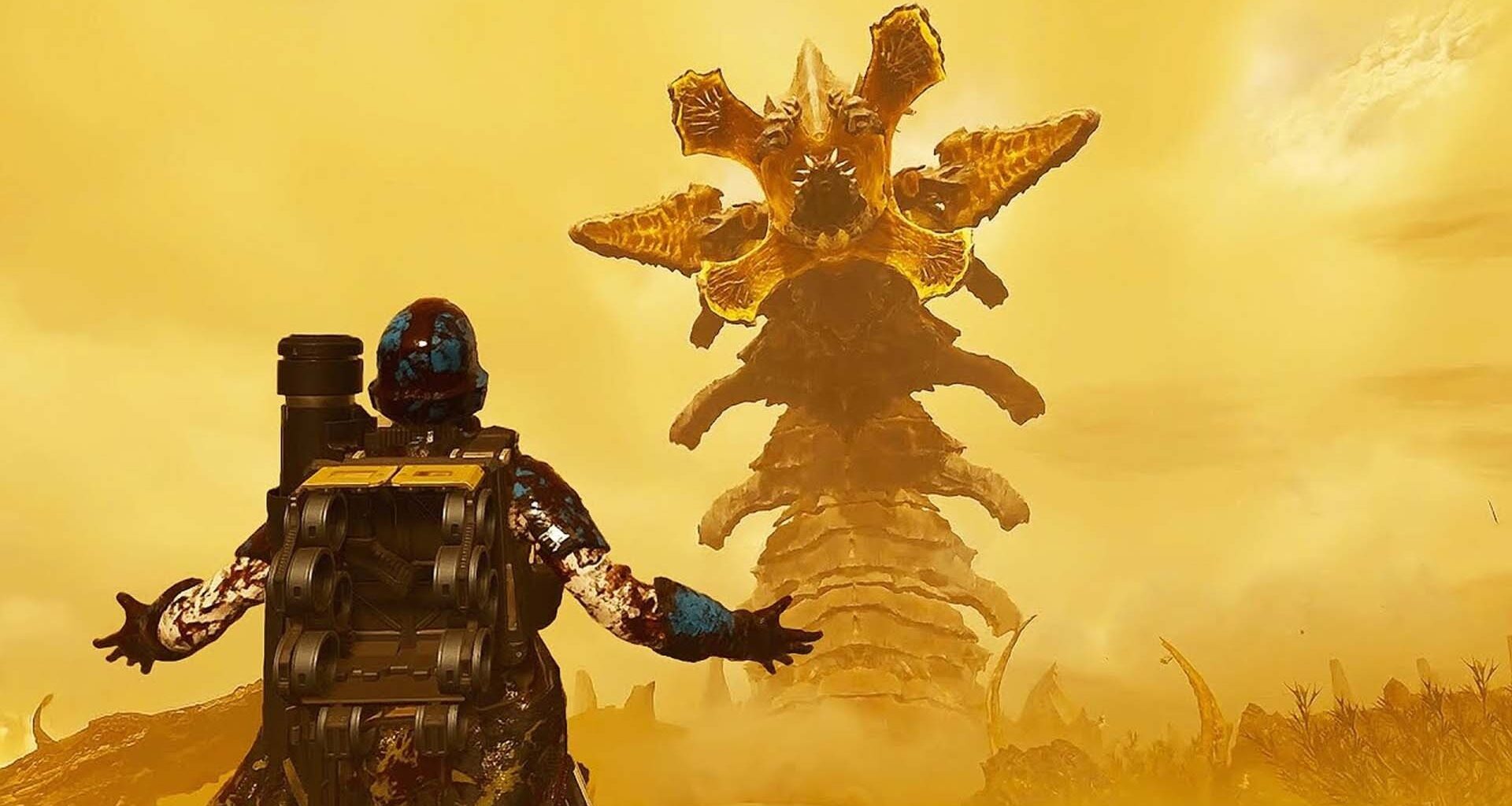 A Helldiver awaits an alien worm.