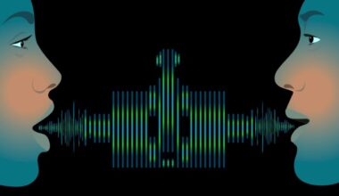 An illustration of two people speaking to each other with sound waves shaped in a robotic pattern