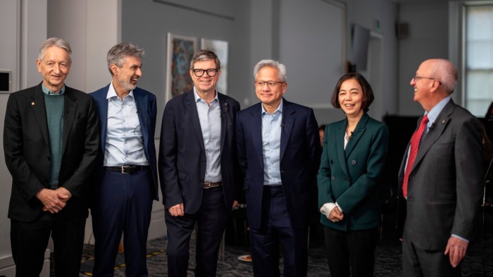 Geoffrey Hinton, Yoshua Bengio, Yann LeCun, Jensen Huang, Fei-Fei Li, and Bill Dally stand together smiling before a panel session.