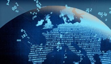 An illustration showing a digital globe overlaid with binary code, with numbers appearing to fly off the surface.